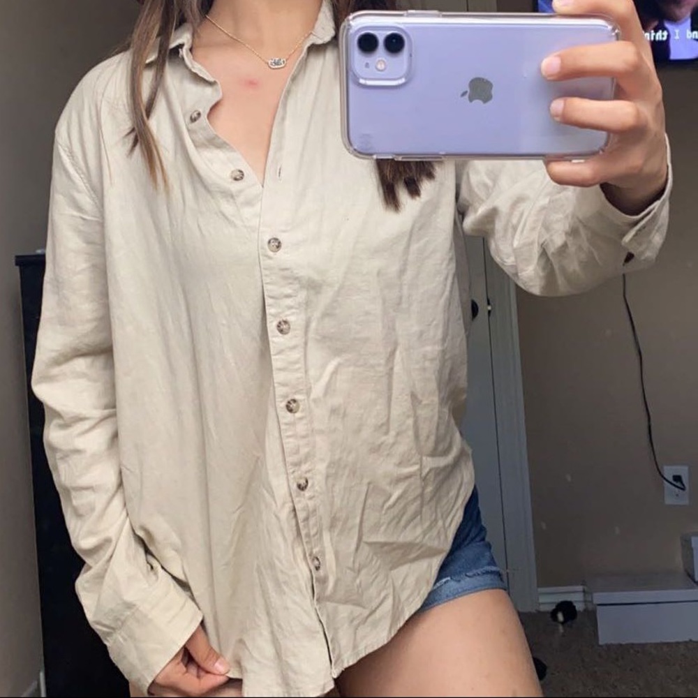 Beige Forever 21 Long Sleeve Button Up